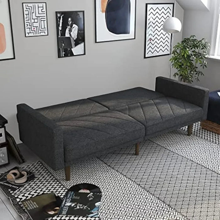 DHP Paxson Convertible Futon Couch Bed with Linen Upholstery and Wood Legs - Grey, Twin
