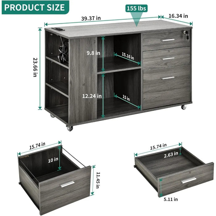 Mobile Lateral Filing Cabinet With Lock for Home Office Furniture File Folder Grey Metal Archive Legal Size Files Dresser Letter