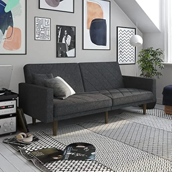 DHP Paxson Convertible Futon Couch Bed with Linen Upholstery and Wood Legs - Grey, Twin