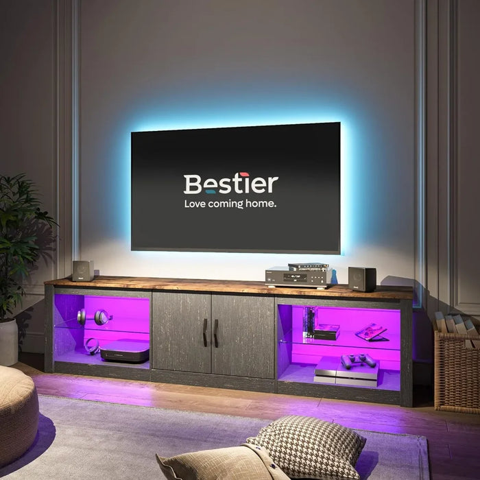 70 Inch Led TV Stand for 75 Inch TV Adjustable Glass Shelves Two Cabinets TV Console for Living Room,Golden Black