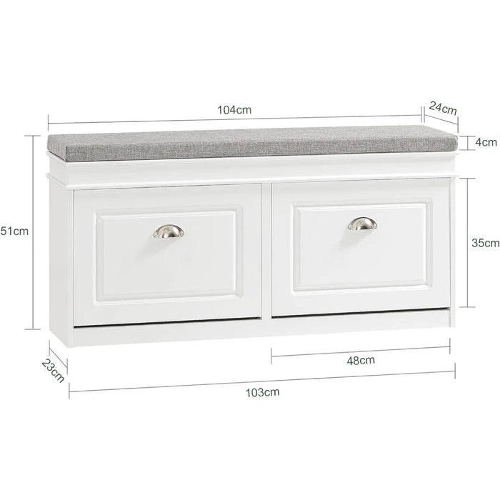 White Storage Bench with Drawers & Padded Seat Cushion, Hallway Bench Shoe Cabinet Shoe Bench, Seat Cushion is Removable