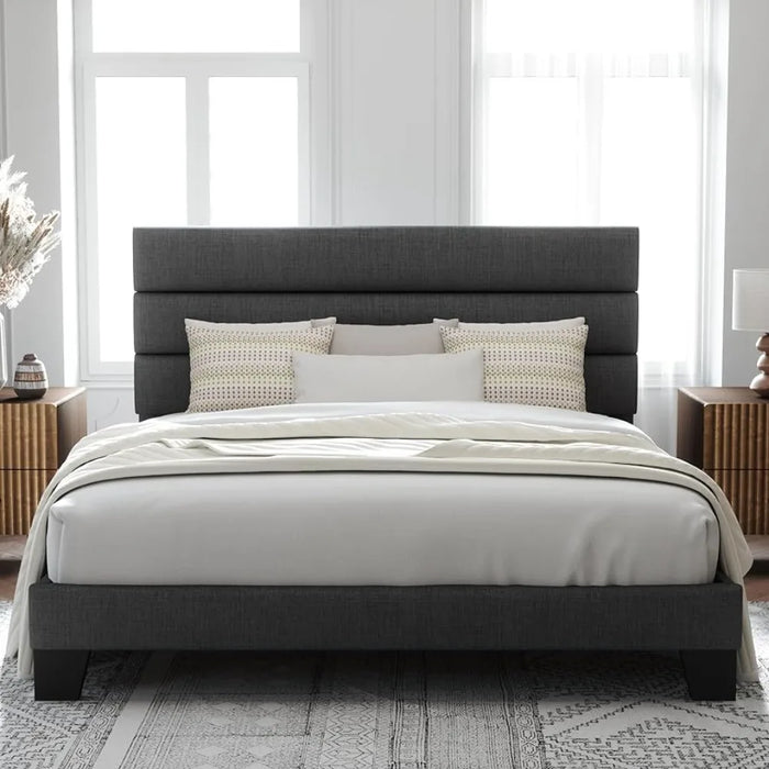 King Frame Platform Bed, Fabric upholstered headboard and wood slat support, Fully upholstered mattress base