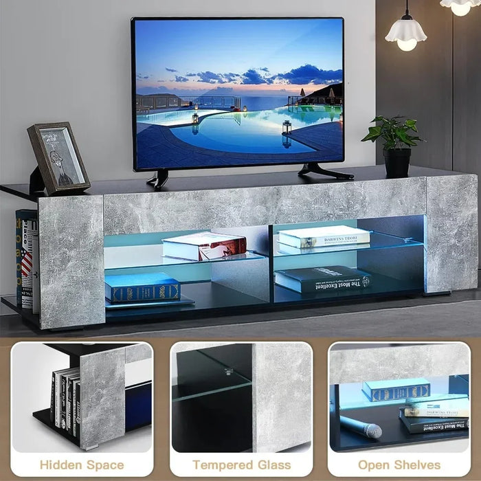 TV Stands With LED Lights Small TV Console Media Table With Glass Shelves and Hidden Side Bookshelf for Living Room Stand