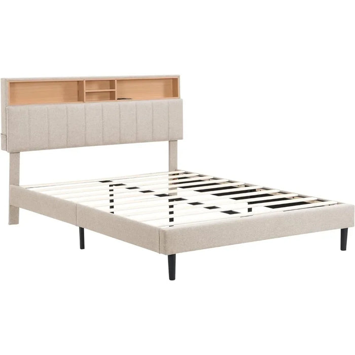 Bed FrameBedroom furniture: modern upholstered platform bed with storage headboard and USB port, full, grey