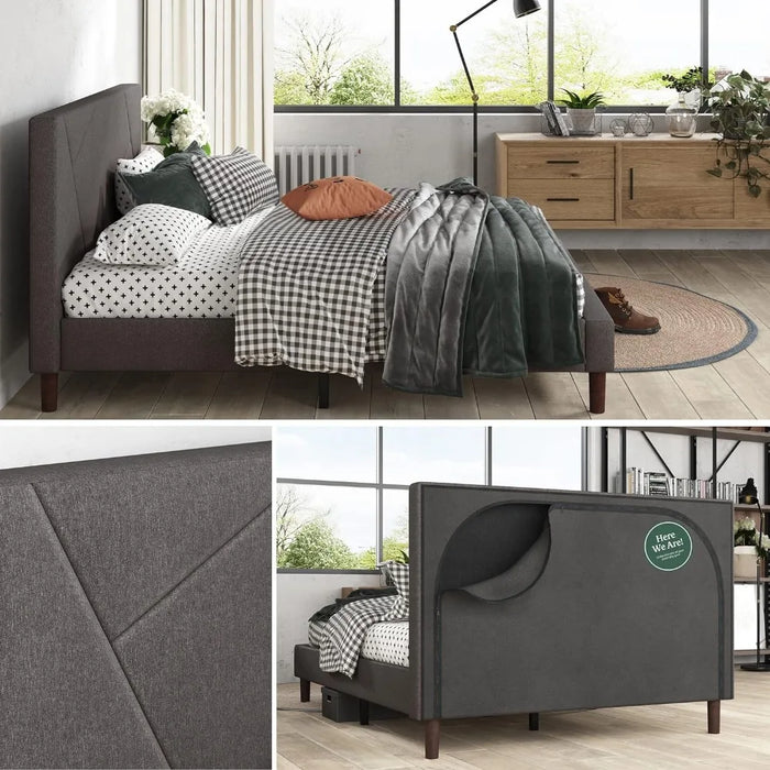 Bedroom furniture upholstered platform bed frame, mattress foundation, wooden slats support, no spring box required, grey