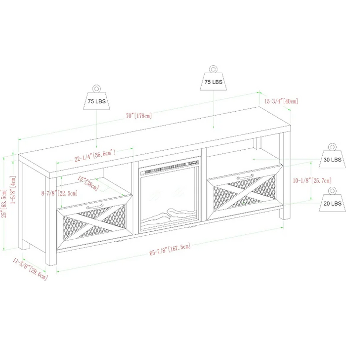 Walker Edison Calgary Industrial Farmhouse X-Drawer Metal Mesh and Wood Fireplace TV Stand for TVs up to 80 Inches, 70 Inch