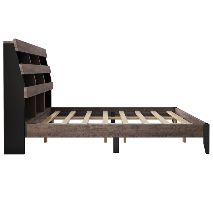 Bedroom Sets Mid Century Modern Style Queen Bed Frame with Bookshelf&LED Lights&USB Port Walnut Black[US-W]