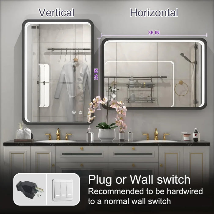 Bathroom mirror, black metal frame LED makeup mirror, wall mounted anti fog adjustable bathroom lighting makeup mirror