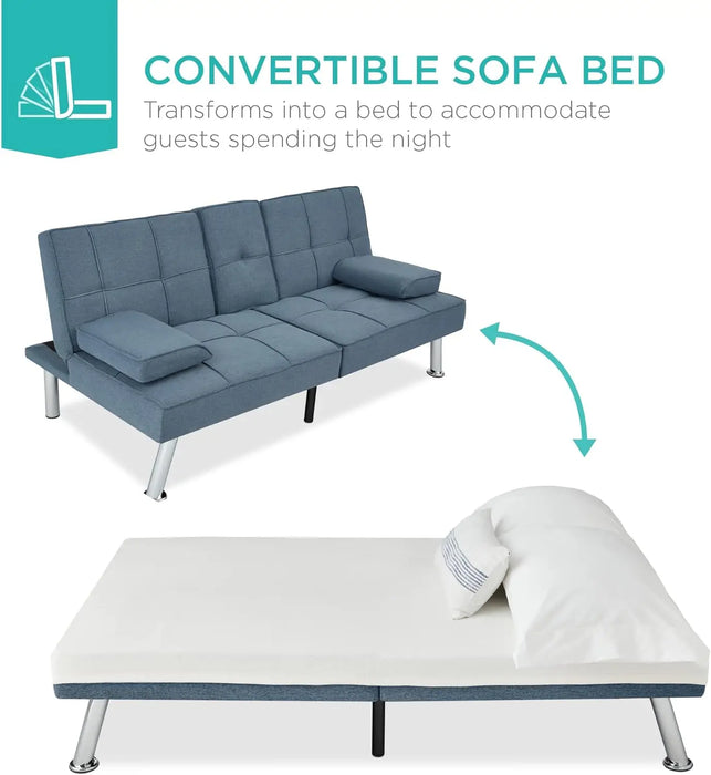 Linen Modern Folding Futon, Reclining Sofa Bed for Apartment, Dorm w/Removable Armrests, 2 Cupholders