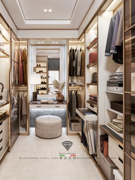 U-shaped cloakroom cabinet combination light luxury women's villa whole house wardrobe stainless steel metal cloakroom