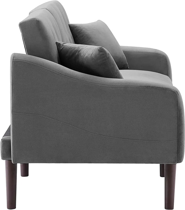 DNYN Convertible Sleeper Futon Sofa with 2 Pillows, Velvet Tufted Couch w/Metal Legs and Adjustable Backrest,Gray