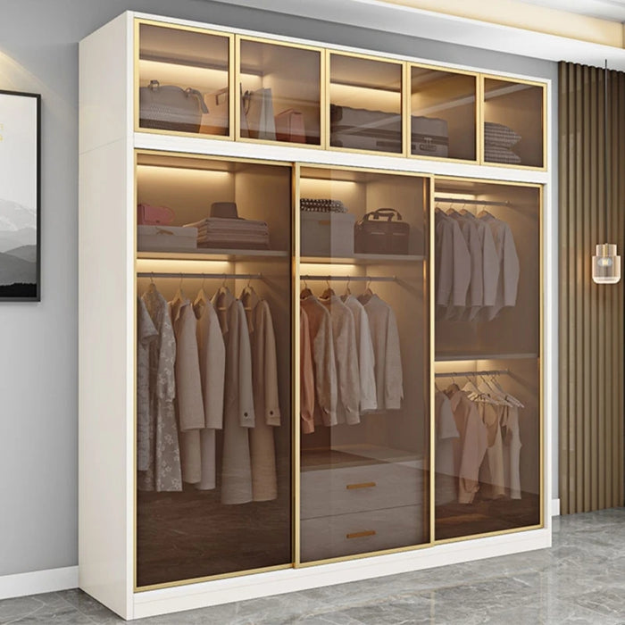 Luxury Wood Closets Italian Clothes Cabinet With LED Light And Storage Drawers Transparent Glass Sliding Door Bedroom Wardrobes