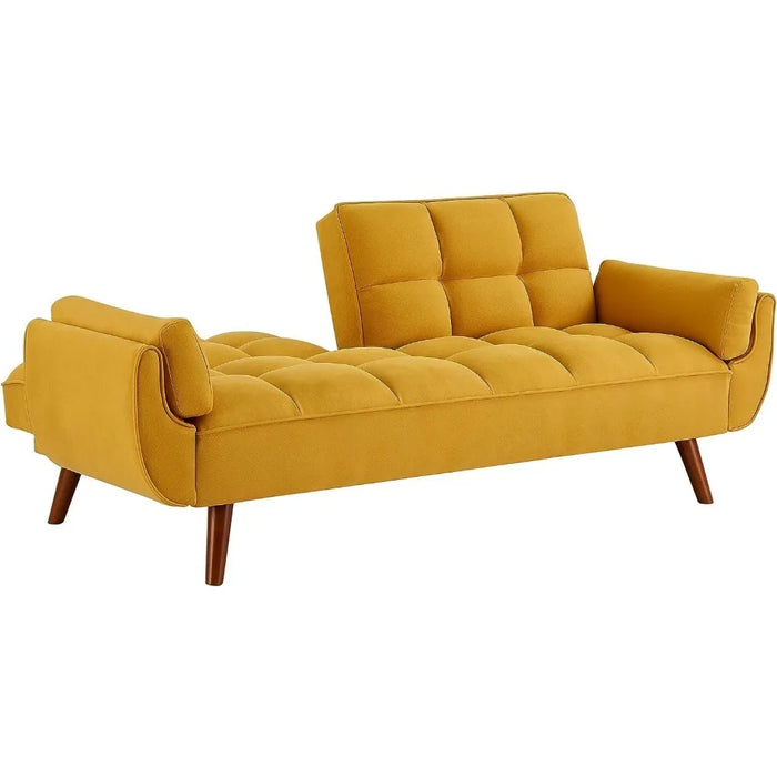 Modern convertible tufted linen upholstered futon sofa bed with 2 pillows, padded loveseat