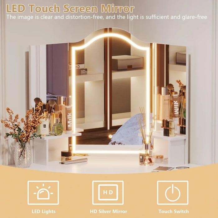 Vanity Desk with Mirror and Lights, Makeup Vanity with Charging Station, 3 Lighting Options, Dressing Table