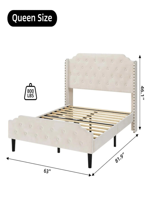 King Bed Frame, Velvet Platform Bed Frame with Headboard, Upholstered Bed Frame with Rivet Wingback Headboard