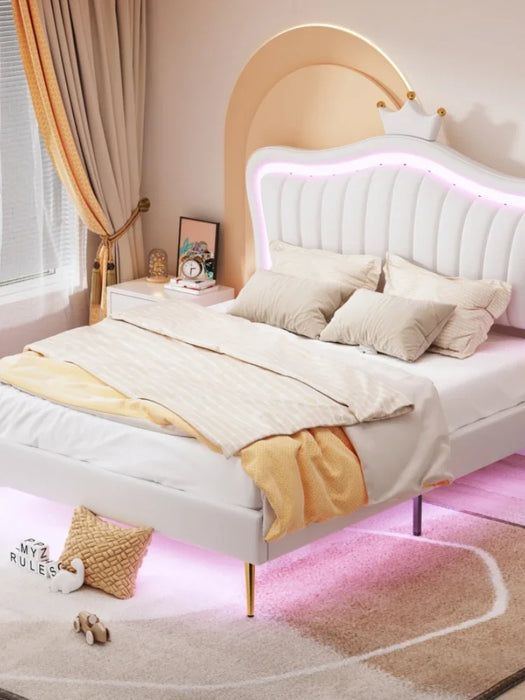 Bed,Princess Bed,Modern Comfrotable Upholstered Bed Frame with LED Lights and Crown Headboard Design,for bedroom
