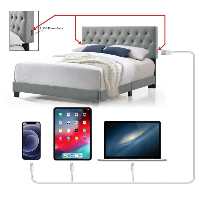 Royale Tufted Bed With USB Power Connection Twin Bed Frame Queen Double Beds & Furnitures Bedroom Beds & Furniture Headboards