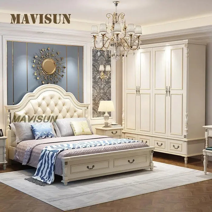 American Solid Wood Bed Double Wardrobe Dressing Table Bedroom Furniture Set Modern Simple Leather Bedside European Style Bed