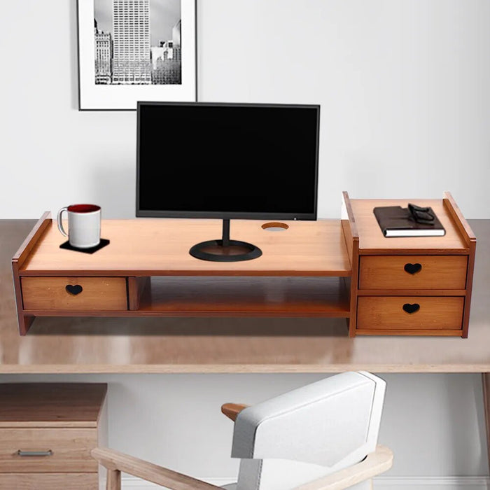 Bamboo Wood Monitor Stand with Storage Organizer Drawers Desktop Laptop Shelf Risers Stand for Home Office Use