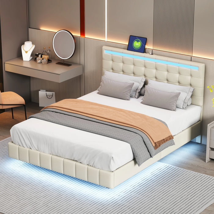 [Flash Sale]Queen Size Floating PU/Linen Bed Frame W/LED Lights&USB Charging Modern Upholstered Platform Bed Black/White[US-W]