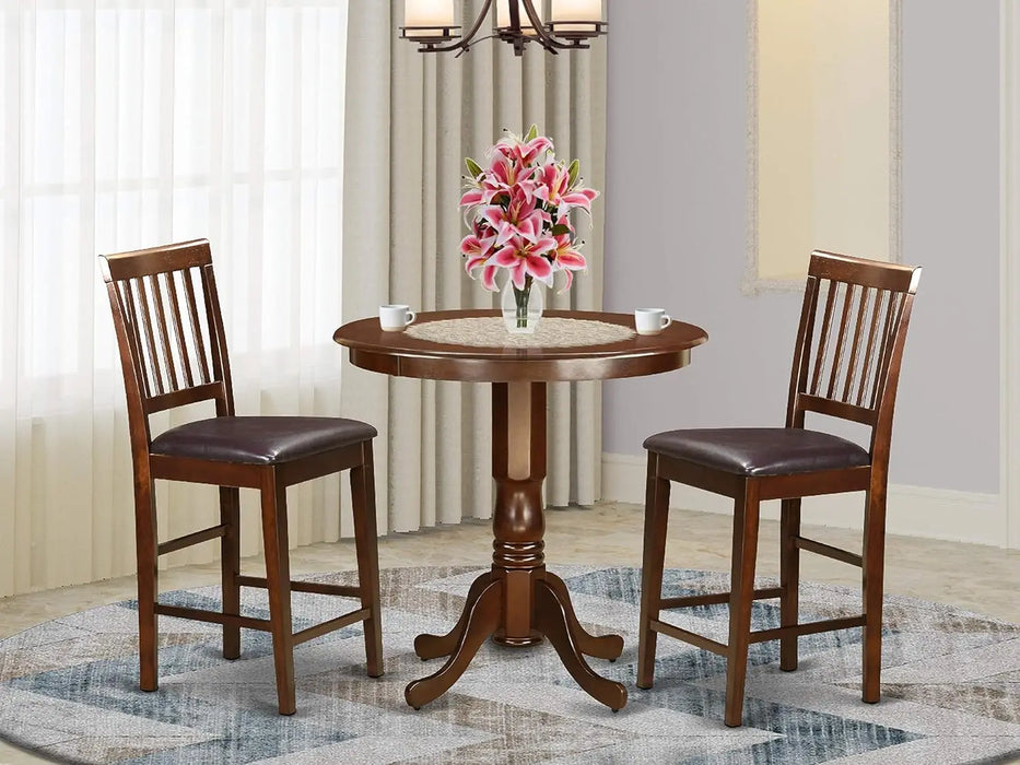 5 Piece Kitchen Counter Set for Small Spaces Contains a Round Table with Pedestal and 2 Linen Fabric Dining Room Chairs,Mahogany