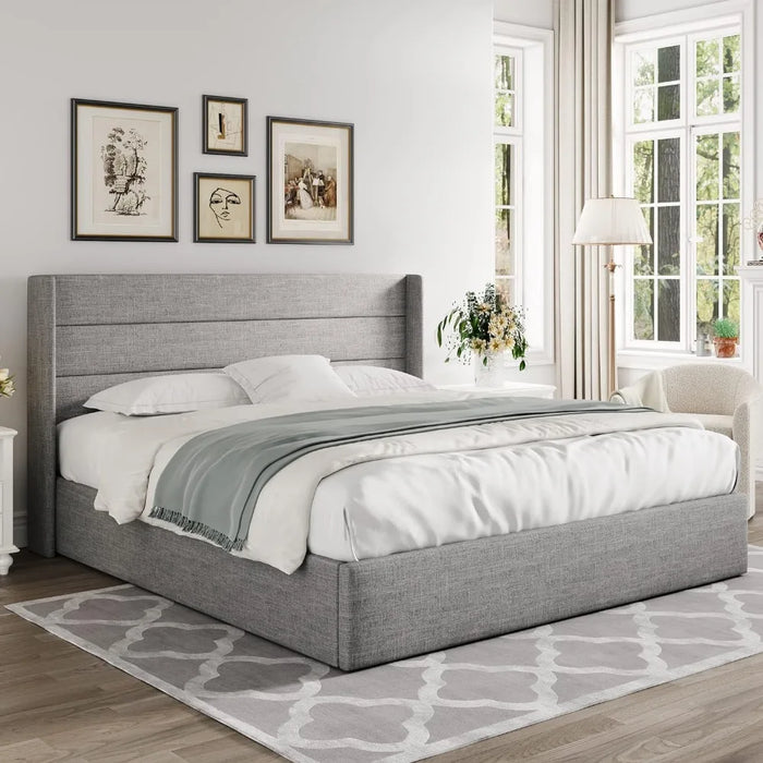 Bedroom furniture large lift storage bed, modern wing-back headboard, no springs required, hydraulic storage, light beige