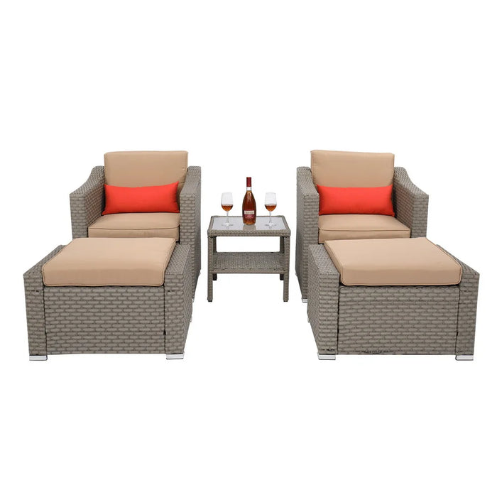 5Pcs Patio Furniture Suit Include 2 Double Contiguous Single Sofa 2 Pedals 1 Double Coffee Table Wide Rattan Gray[US-Stock]