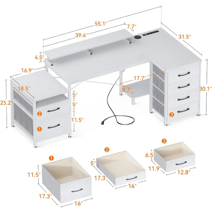 KKL L Shaped Computer Desk with File Drawers & 3 Power Outlets & 2 USB Ports, 72 Inch Home Office Desk with Printer Cabinet & Mo