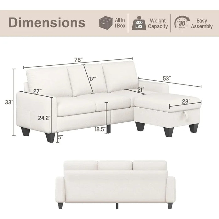 Convertible Sectional Sofa Couch,Beige Linen Fabric Modern 3-Seat L-Shaped Upholstered Furniture with Storage Reversible Ottoman