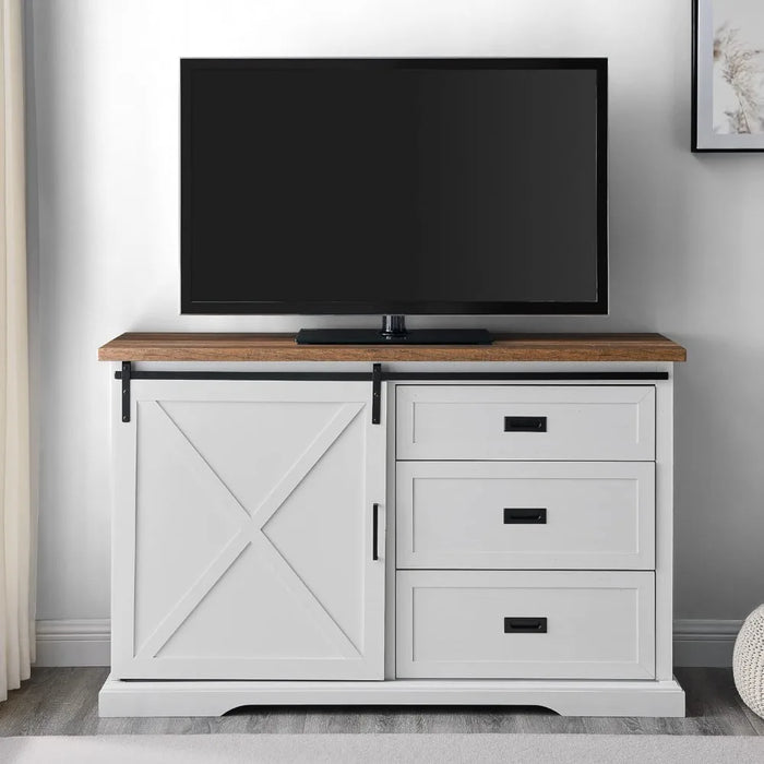 TV Cabinet Wood Sliding x Barn Door Living Room Entrance Service Locker Door - Media Console, 56", White & Rustic Oak