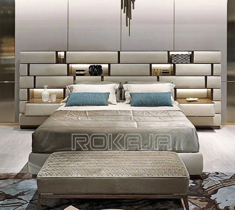 Hot Sales Luxury King Size Bed Five Star Hotel Bed Set Bed Frames With Integrated Table Big High Headboard Bedroom Sets