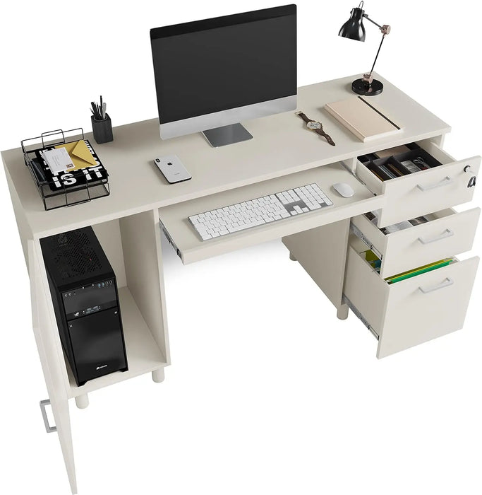 Modern Design By Crafts & comfort Venice Computer Desk - Office Desk with 3 Drawers & CPU Storage Cabinet - Laptop Workstation