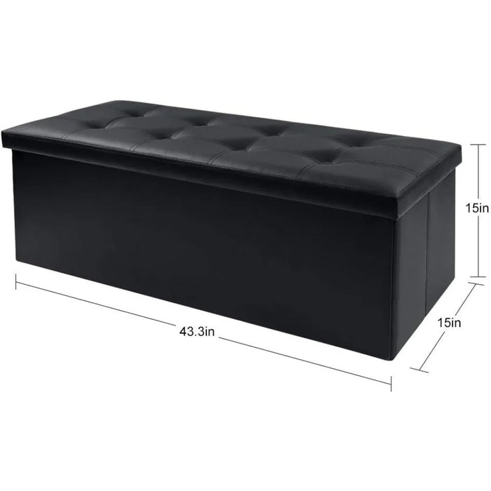 43 Inch Folding Storage Ottoman Bench Cube Hold Up 700lbs with Memory Foam, Black Faux Leather Footrest
