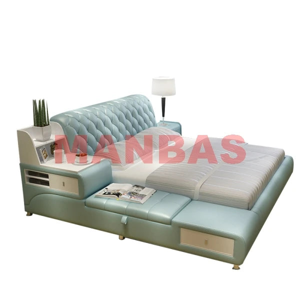 MANBAS Multifunctional Genuine Leather Bed with Storage Upgraded Tatami Beds Premium Upholstered Bed Frame for Bedroom Furniture