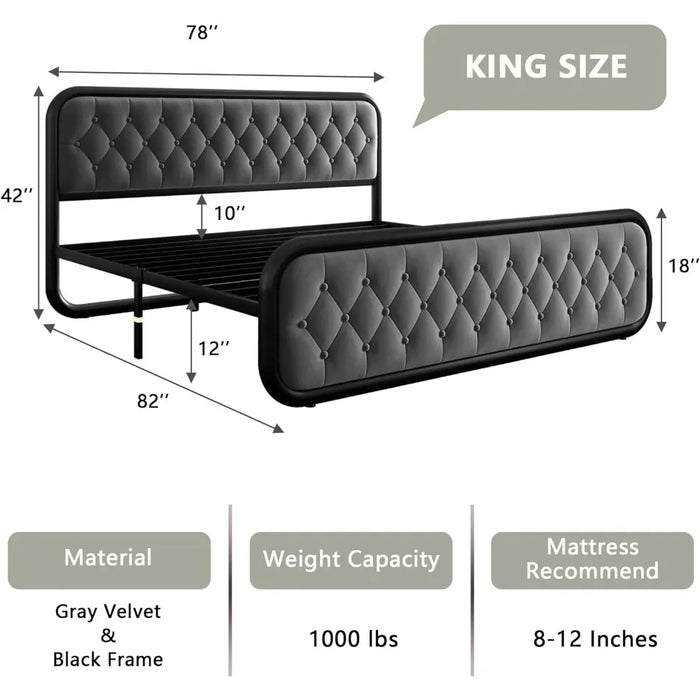 Noise-Free King Size Bed Frame Heavy Duty Bed Frame With Faux Leather Headboard Bedroom Furniture 12" Under-Bed Storage Black