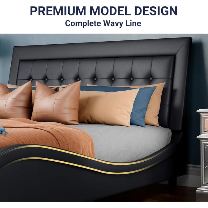 Bed frame with adjustable headboard, box tufted upholstered platform bed, mattress base with plank support, Modern Wave