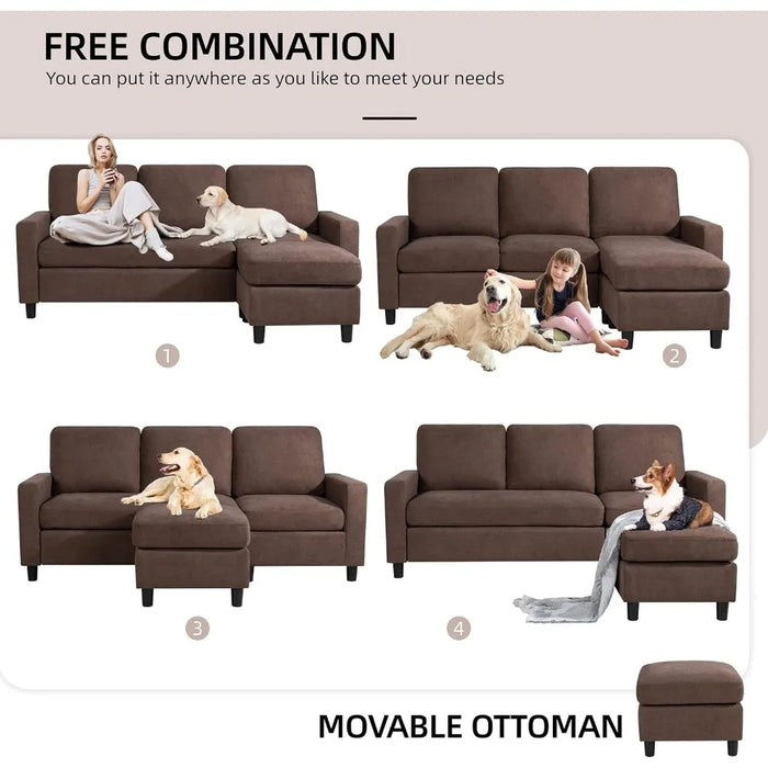 Convertible Sectional Sofa Couch, Modern Linen Fabric L-Shaped 3-Seat Sofa Sectional with Reversible Chaise (Chocolate)