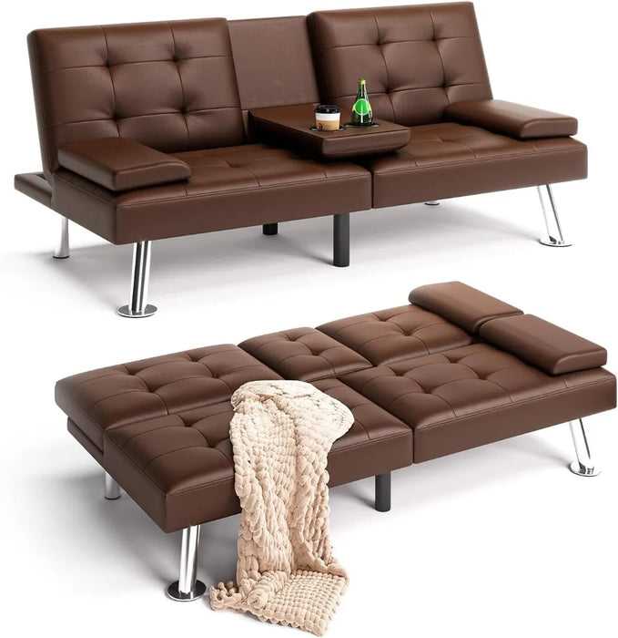 Futon Sofa Bed, Faux Leather Sleeper Sofa with Mattress and Frame, Convertible Futon Couch for Living Room, Black