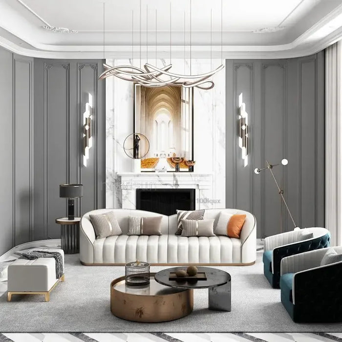 Creative American Style Living Room High End Leather Sofa Set White Large Villa Straight Three-Seat Four Seat Sofa Combination