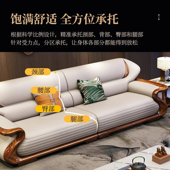 New Chinese Genuine Leather Light Luxury Living Room Small Apartment Ugyen Wooden Sofa Combination Furniture