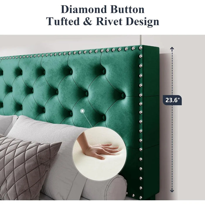 Bed, velvet padded platform bed with adjustable diamond button tufting and nail head decoration headboard, king size bed frame