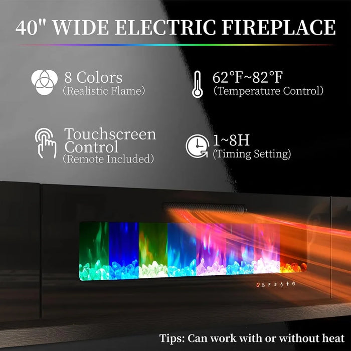AMERLIFE 2 Tiers Fireplace TV Stand with 40" Fireplace, 80" Modern High Gloss Entertainment Center with Fireplace, LED Lights