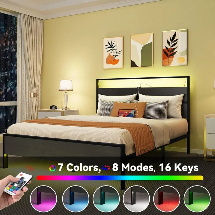 Queen size bed frame, LED with 2 USB ports, sturdy metal slats support, platform bed frame with storage gap under the bed