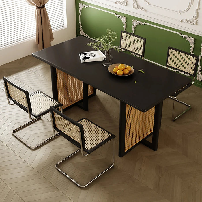 Nordic solid wood rattan dining table and chairs combined with modern simple retro French ash wood black dining table