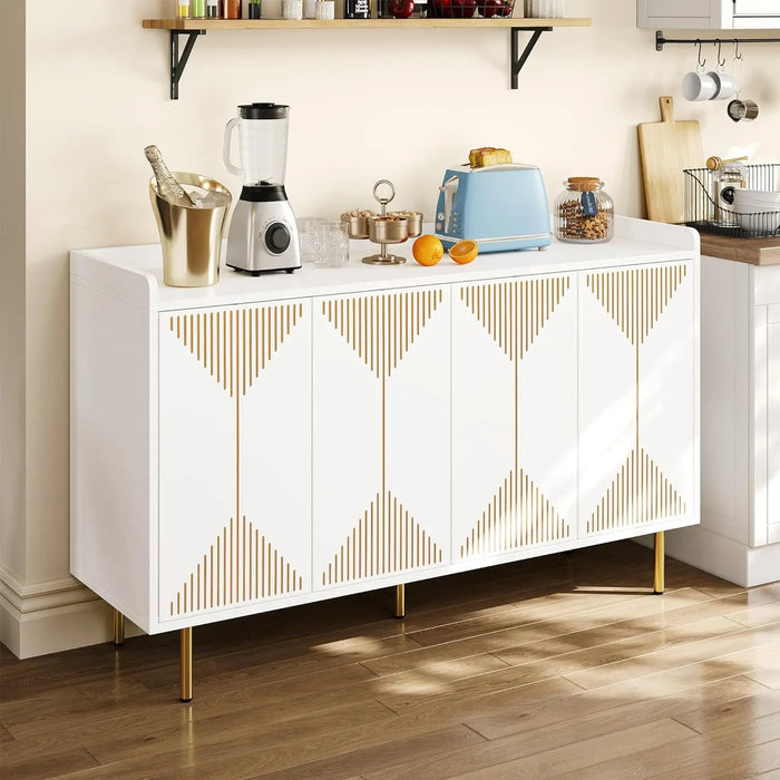 55'' Modern Sideboard Buffet Kitchen Storage Cabinet w/ Carved Design Doors, Coffee Bar Hutch Cabinet 300 lbs Capacity,White
