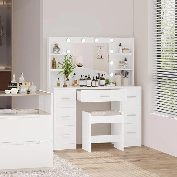 Vanity Desk, Makeup Vanity with 10 LED Lights & 7 Metal Sliding Drawers, Brightness Adjustable, Vanity Table with 6 Open