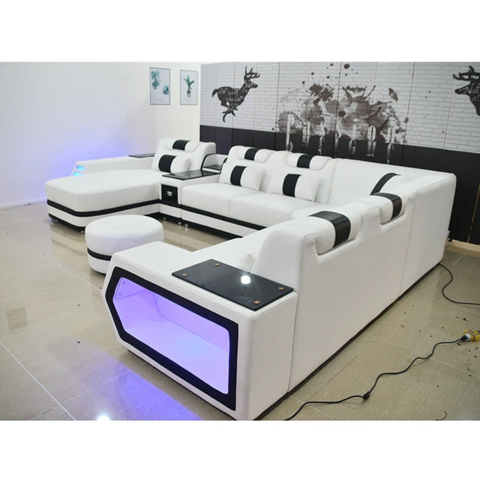 Hot Sale Modern Living Room Sofas White Italian Half Leather Couch U Shape Chesterfield Sofa
