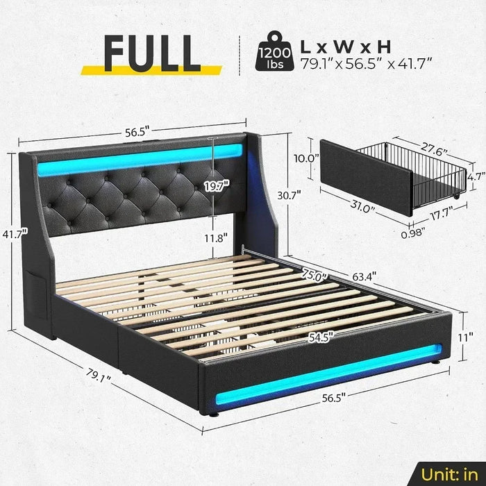 Bedroom bed frame with LED lights and charging station, easy-to-assemble upholstered with drawers, bedroom bed frame