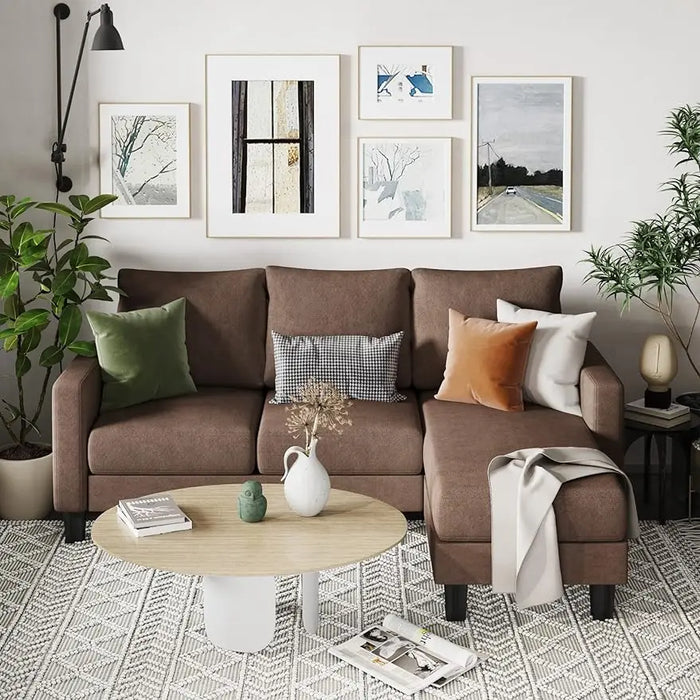 YESHOMY Convertible Sectional 3 L-Shaped Couch Soft Seat with Modern Linen Fabric, Small Space Sofas for Living Room Brown