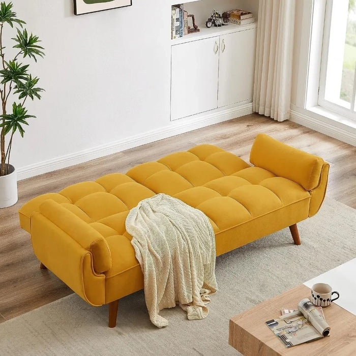 Modern Convertible Tufted Linen Upholstered Futon Sofa Daybed 2 Pillows Comfy Hall